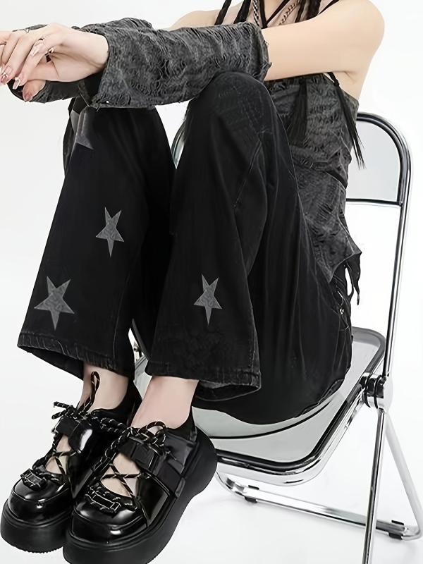 Star Pattern Straight Jeans Loose Fit Non Stretch Denim Trousers Women's