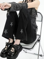 Star Pattern Straight Jeans Loose Fit Non Stretch Denim Trousers Women's