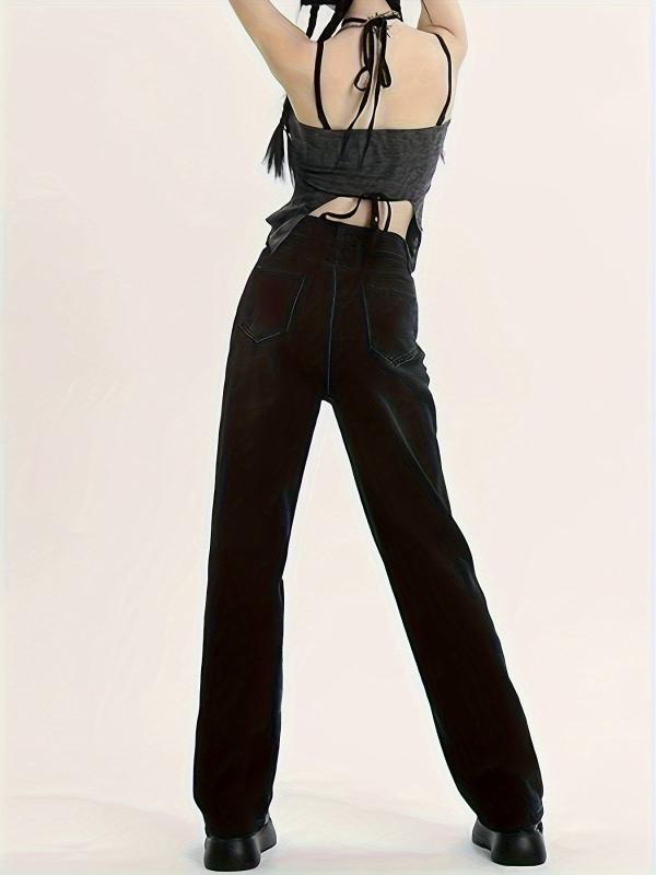 Star Pattern Straight Jeans Loose Fit Non Stretch Denim Trousers Women's