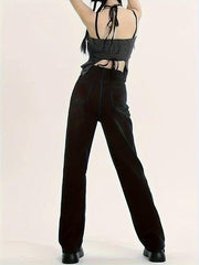 Star Pattern Straight Jeans Loose Fit Non Stretch Denim Trousers Women's