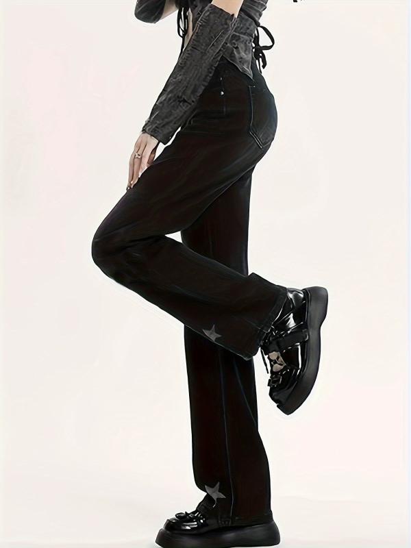 Star Pattern Straight Jeans Loose Fit Non Stretch Denim Trousers Women's