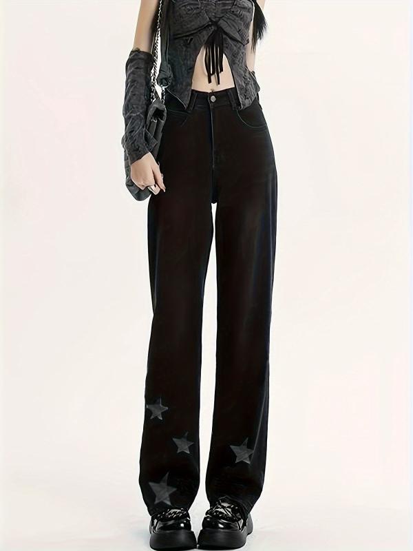 Star Pattern Straight Jeans Loose Fit Non Stretch Denim Trousers Women's