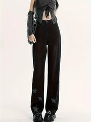 Star Pattern Straight Jeans Loose Fit Non Stretch Denim Trousers Women's