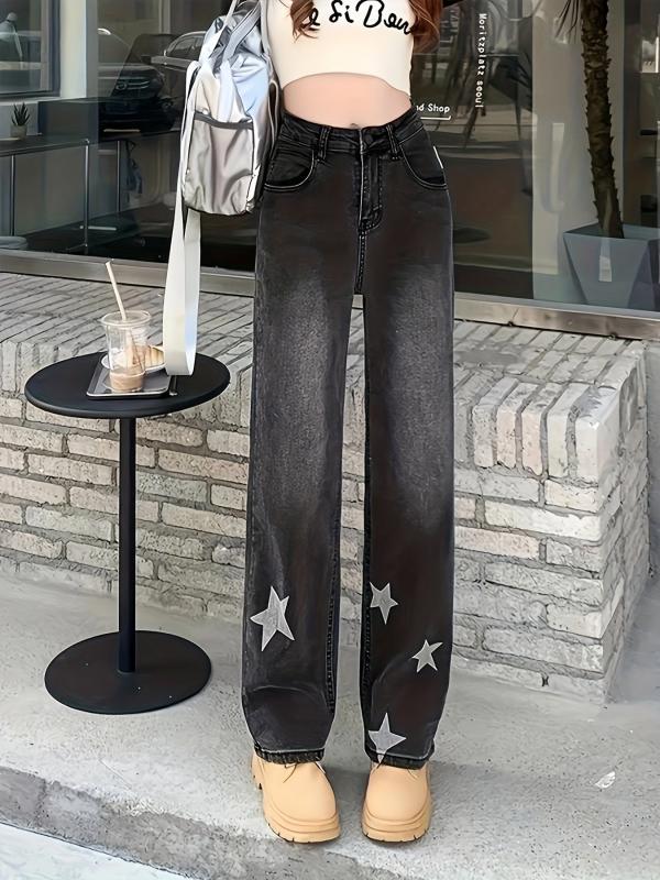 Star Pattern Straight Jeans Loose Fit Non Stretch Denim Trousers Women's