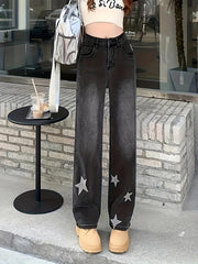 Star Pattern Straight Jeans Loose Fit Non Stretch Denim Trousers Women's