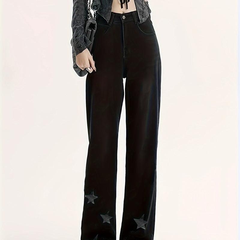 Star Pattern Straight Jeans Loose Fit Non Stretch Denim Trousers Women's