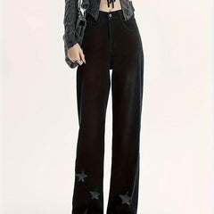 Star Pattern Straight Jeans Loose Fit Non Stretch Denim Trousers Women's