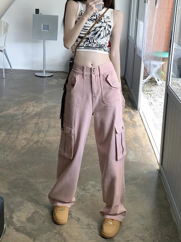 Pink Flap Pockets Cargo Pants High Waist Wide Legs Jeans