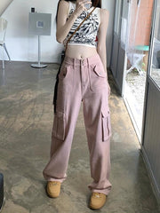 Pink Flap Pockets Cargo Pants High Waist Wide Legs Jeans