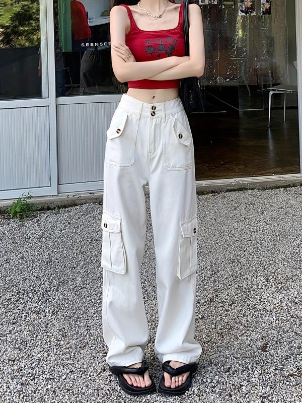 Pink Flap Pockets Cargo Pants High Waist Wide Legs Jeans
