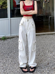 Pink Flap Pockets Cargo Pants High Waist Wide Legs Jeans
