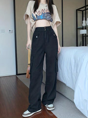 Pink Flap Pockets Cargo Pants High Waist Wide Legs Jeans