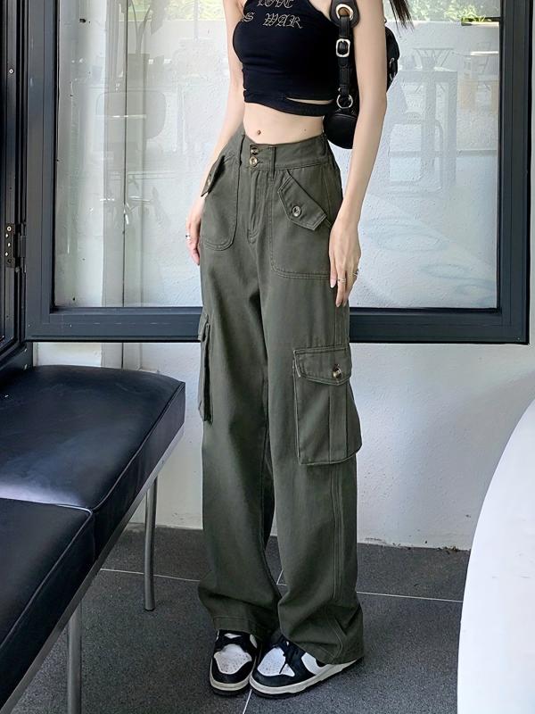 Pink Flap Pockets Cargo Pants High Waist Wide Legs Jeans