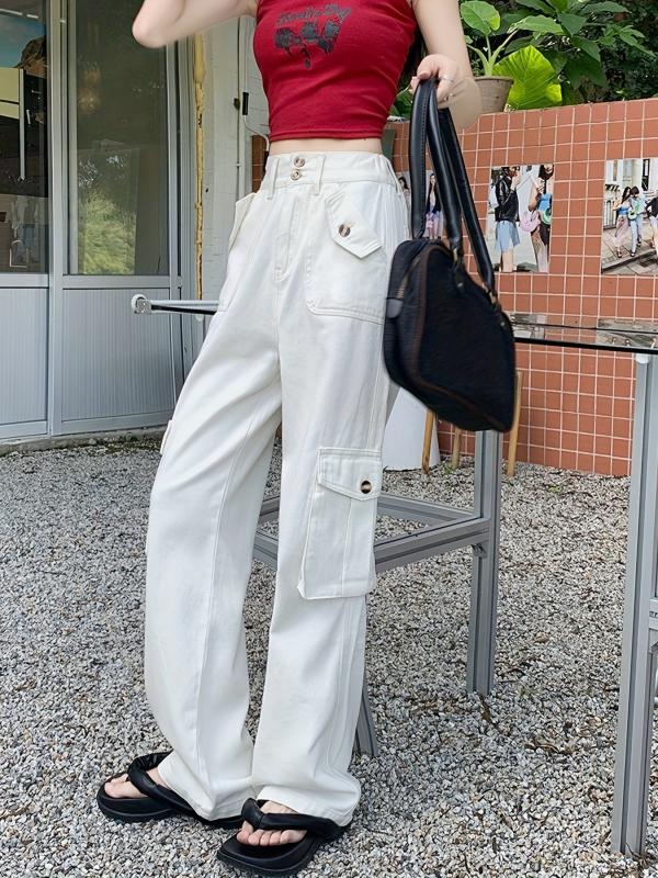 Pink Flap Pockets Cargo Pants High Waist Wide Legs Jeans