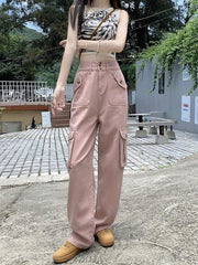 Pink Flap Pockets Cargo Pants High Waist Wide Legs Jeans