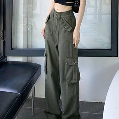 Pink Flap Pockets Cargo Pants High Waist Wide Legs Jeans