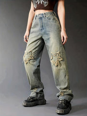 Loose Fit Star Raw Straight Jeans for Women