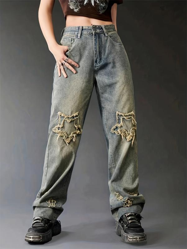 Loose Fit Star Raw Straight Jeans for Women