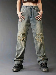 Loose Fit Star Raw Straight Jeans for Women
