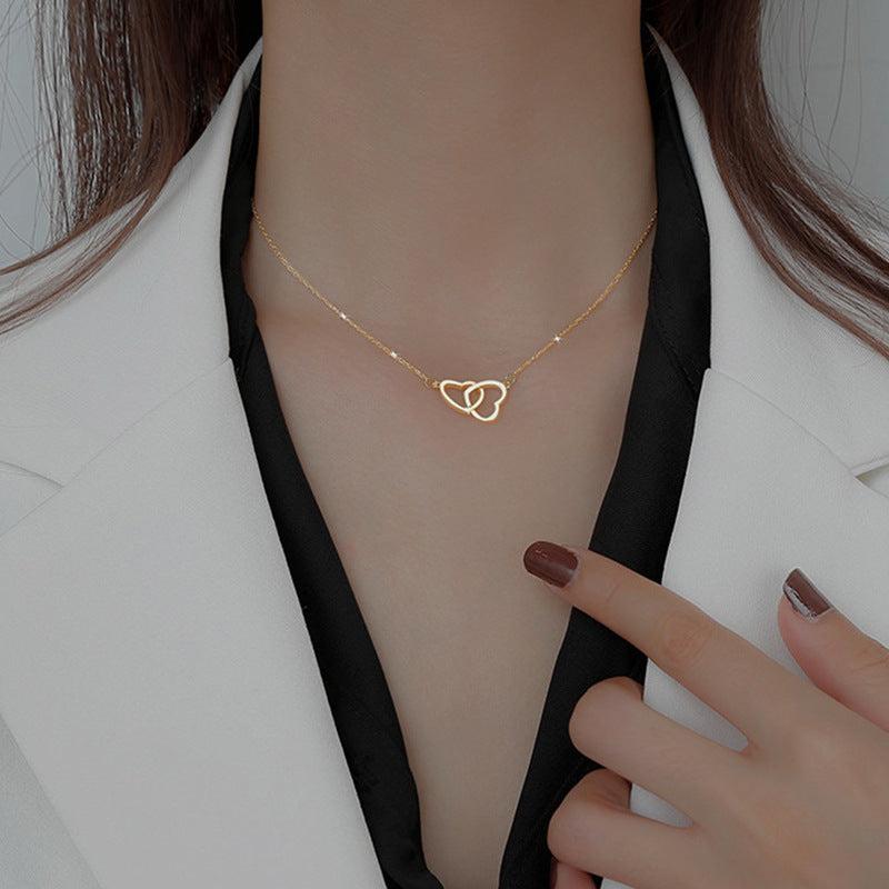 24K Plated Double Heart Pendant Necklace Romantic Jewelry