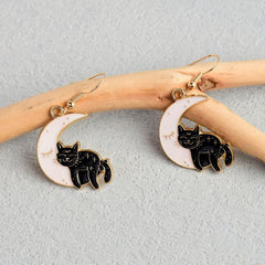 Enamel Moon Cat Dangle Earrings Cartoon Style Zinc Alloy Jewelry