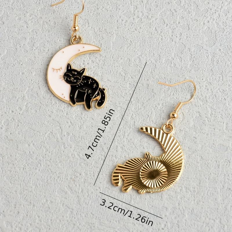 Enamel Moon Cat Dangle Earrings Cartoon Style Zinc Alloy Jewelry
