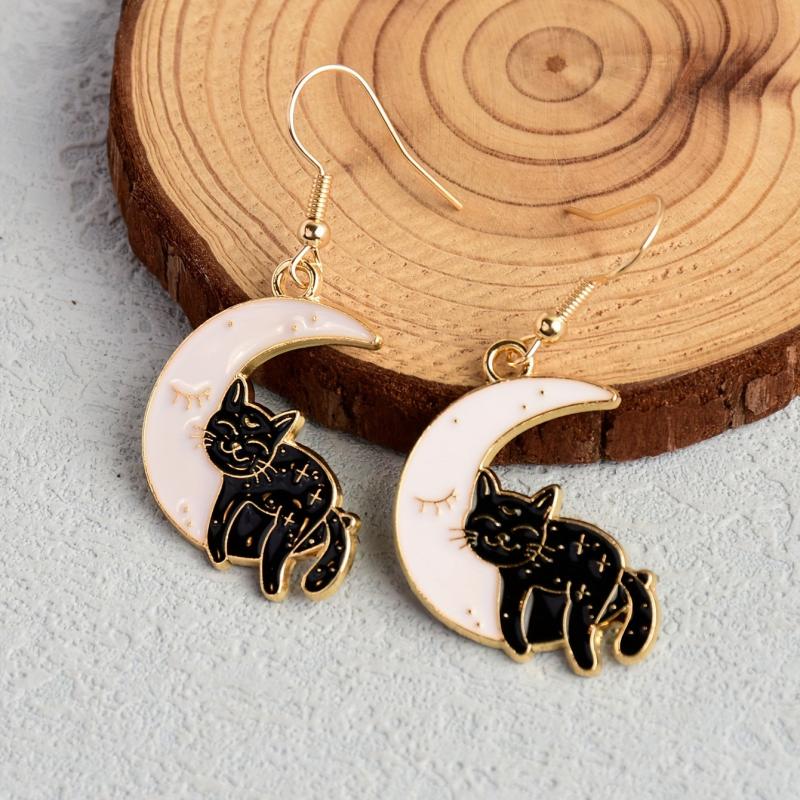 Enamel Moon Cat Dangle Earrings Cartoon Style Zinc Alloy Jewelry