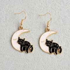 Enamel Moon Cat Dangle Earrings Cartoon Style Zinc Alloy Jewelry