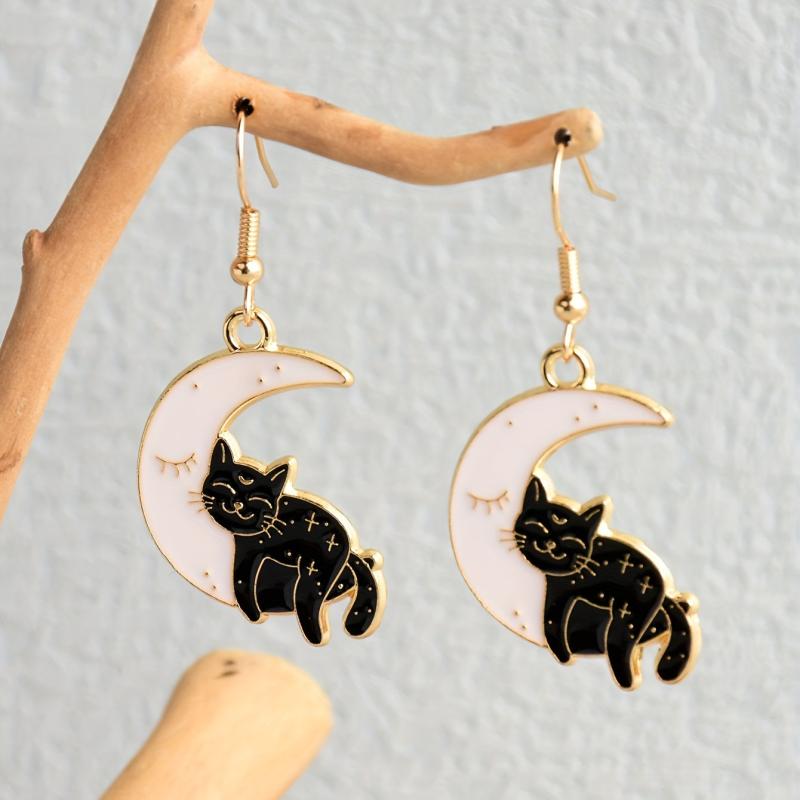 Enamel Moon Cat Dangle Earrings Cartoon Style Zinc Alloy Jewelry