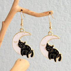 Enamel Moon Cat Dangle Earrings Cartoon Style Zinc Alloy Jewelry