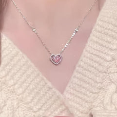 Pink Rhinestone Love Heart Pendant Necklace Y2K Bling Bling Pendant