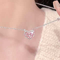 Pink Rhinestone Love Heart Pendant Necklace Y2K Bling Bling Pendant