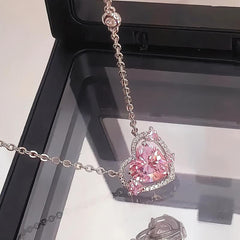 Pink Rhinestone Love Heart Pendant Necklace Y2K Bling Bling Pendant