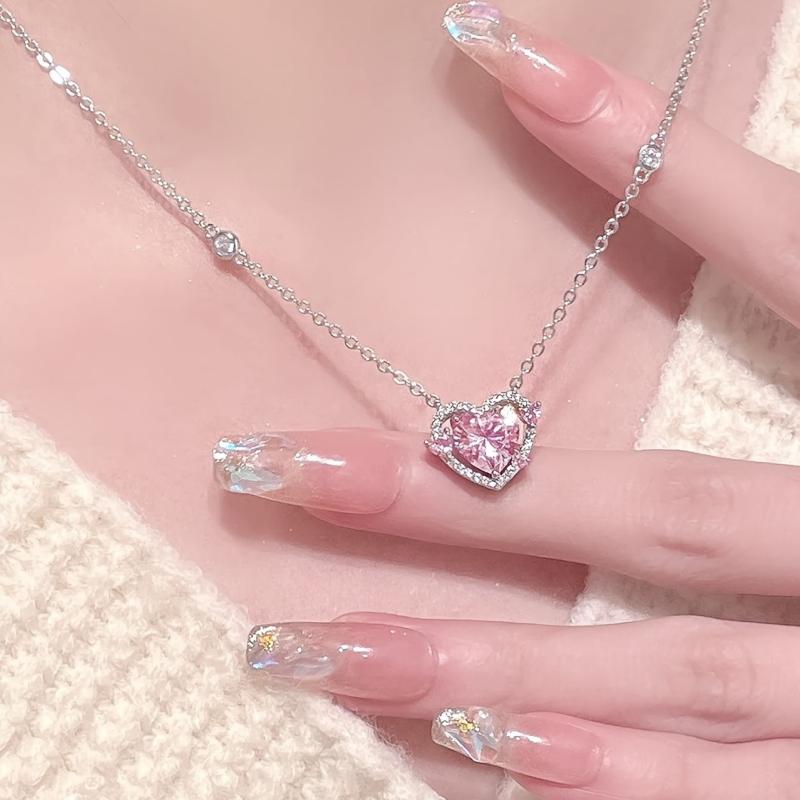 Pink Rhinestone Love Heart Pendant Necklace Y2K Bling Bling Pendant