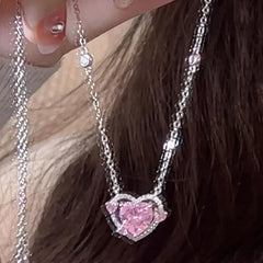 Pink Rhinestone Love Heart Pendant Necklace Y2K Bling Bling Pendant