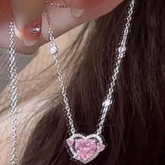 Pink Rhinestone Love Heart Pendant Necklace Y2K Bling Bling Pendant