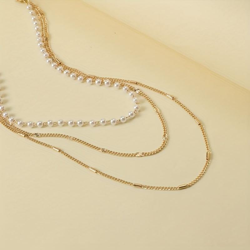 3-Layer Thin Chain Bracelet with Mini Faux Pearls Hand Chain