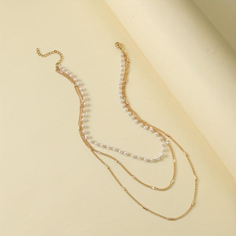 3-Layer Thin Chain Bracelet with Mini Faux Pearls Hand Chain