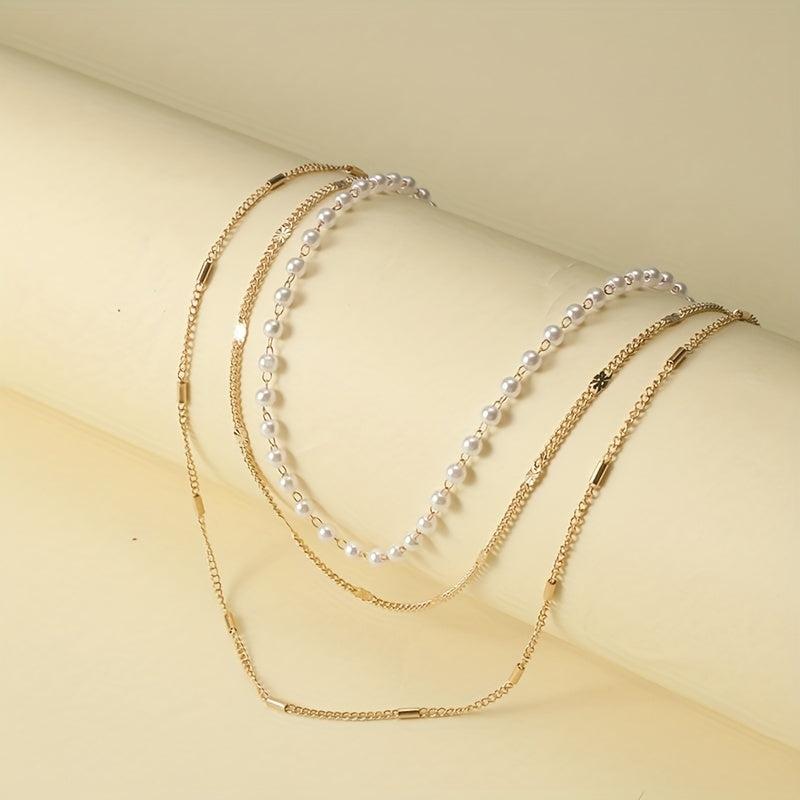 3-Layer Thin Chain Bracelet with Mini Faux Pearls Hand Chain