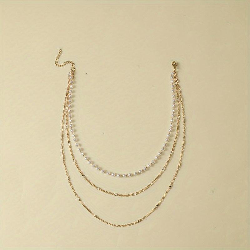 3-Layer Thin Chain Bracelet with Mini Faux Pearls Hand Chain