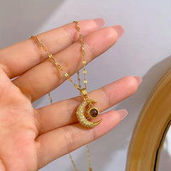 Moon Zircon Decor Pendant Necklace Charm Titanium Steel Necklace