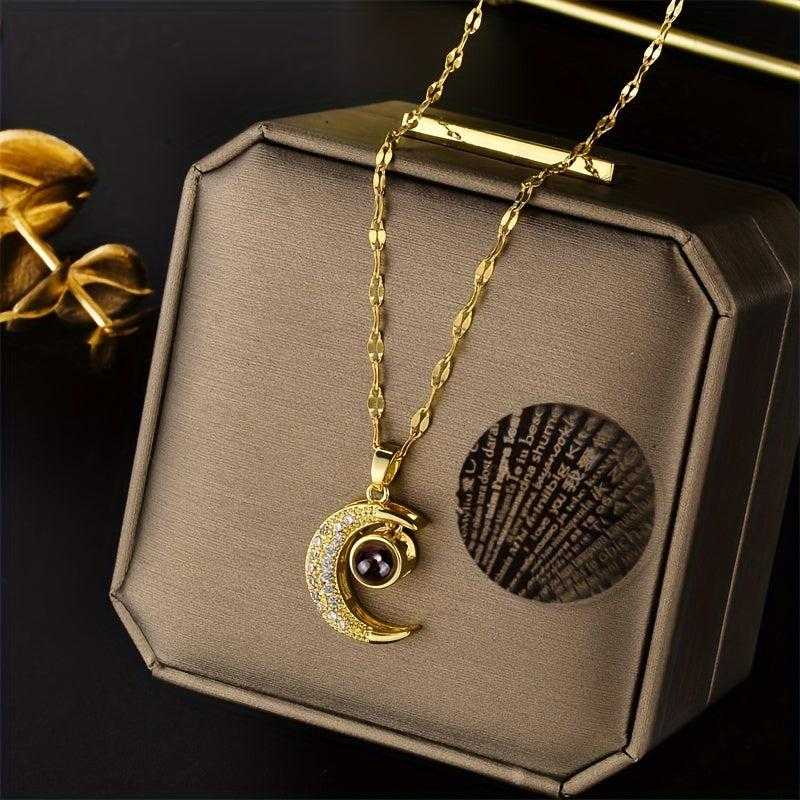 Moon Zircon Decor Pendant Necklace Charm Titanium Steel Necklace