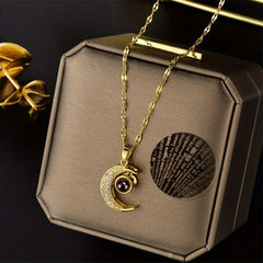 Moon Zircon Decor Pendant Necklace Charm Titanium Steel Necklace