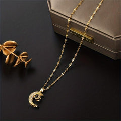 Moon Zircon Decor Pendant Necklace Charm Titanium Steel Necklace