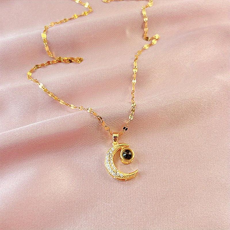Moon Zircon Decor Pendant Necklace Charm Titanium Steel Necklace
