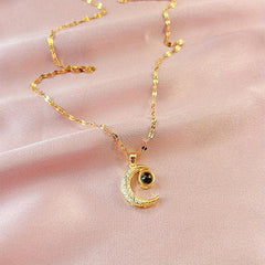 Moon Zircon Decor Pendant Necklace Charm Titanium Steel Necklace