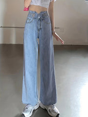 High Waist Loose Fit Straight Jeans Raw Cut Washed Denim Pants