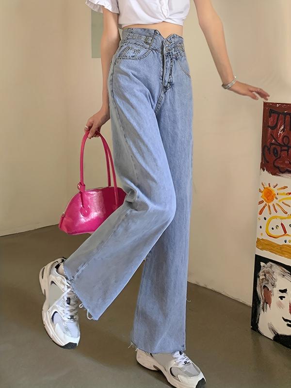 High Waist Loose Fit Straight Jeans Raw Cut Washed Denim Pants
