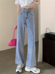 High Waist Loose Fit Straight Jeans Raw Cut Washed Denim Pants