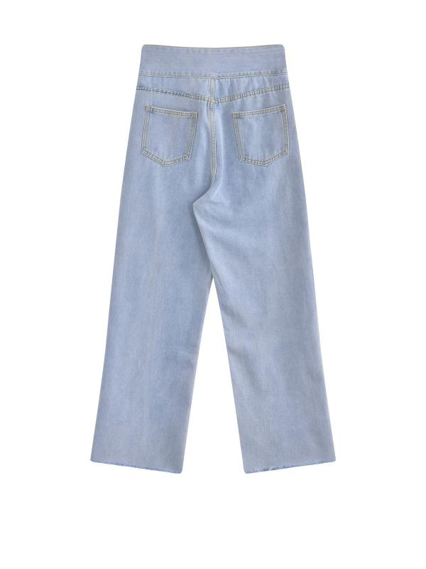 High Waist Loose Fit Straight Jeans Raw Cut Washed Denim Pants